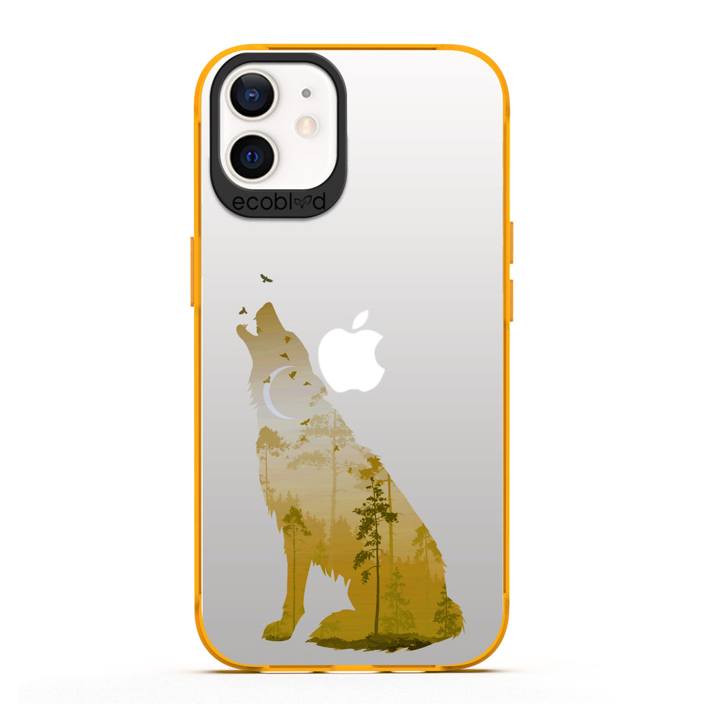 Laguna Collection - Yellow Eco-Friendly iPhone 12 / 12 Pro Case With Howling Wolf And Moonlit Woodlands Print On A Clear Back