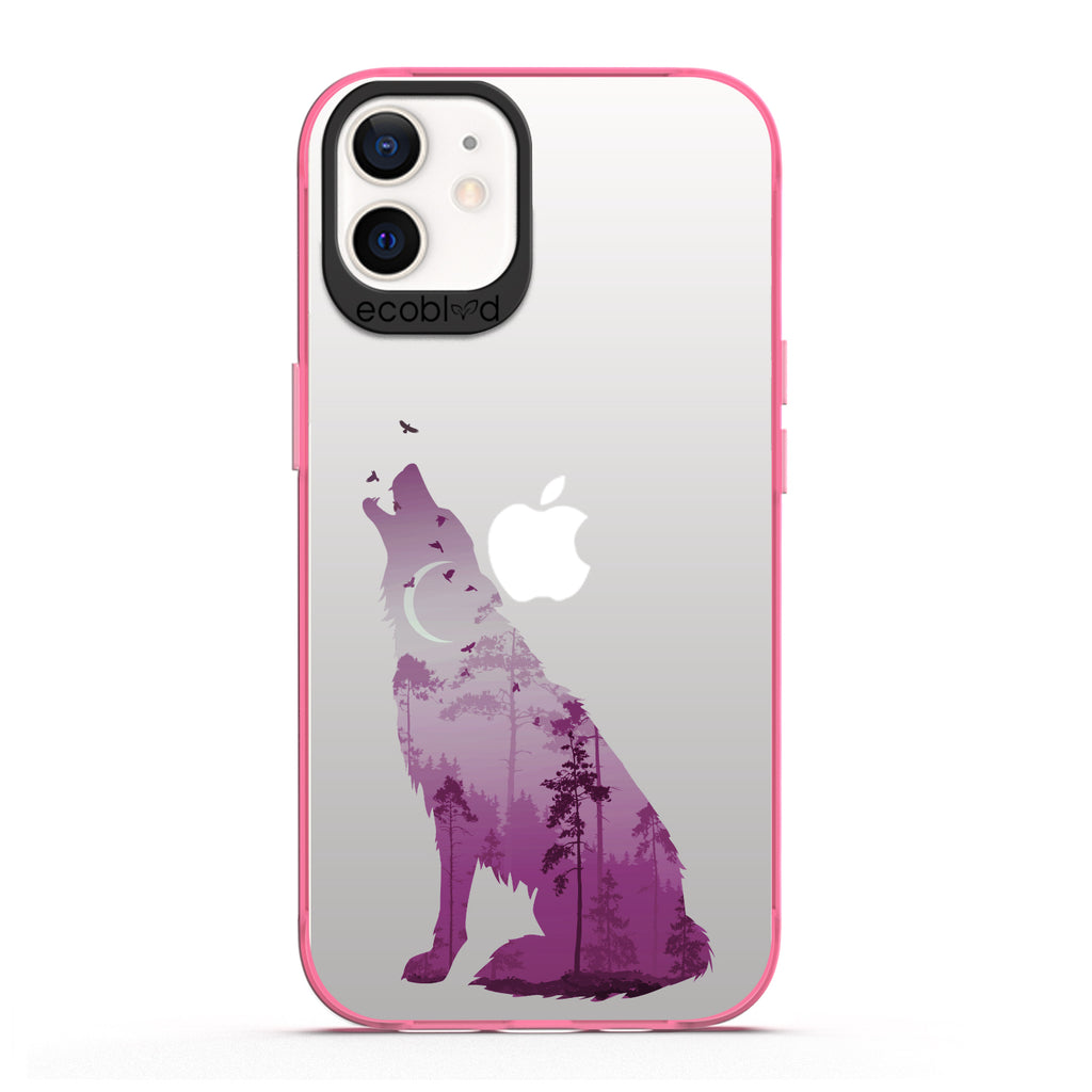 Laguna Collection - Pink Eco-Friendly iPhone 12 / 12 Pro Case With Howling Wolf And Moonlit Woodlands Print On A Clear Back