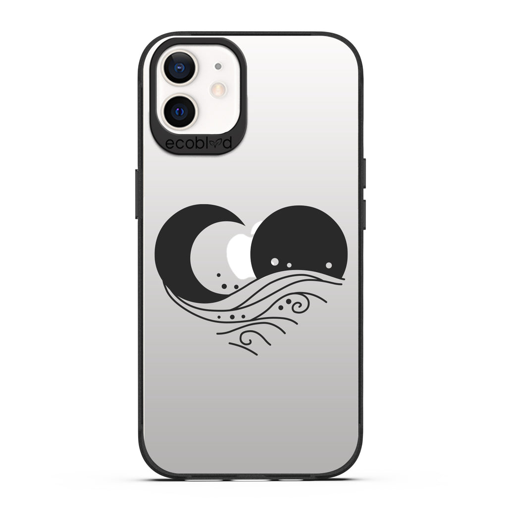 Laguna Collection - Black Compostable iPhone 12 / 12 Pro Case With The Sun, Moon & A Wave Forming A Heart On A Clear Back