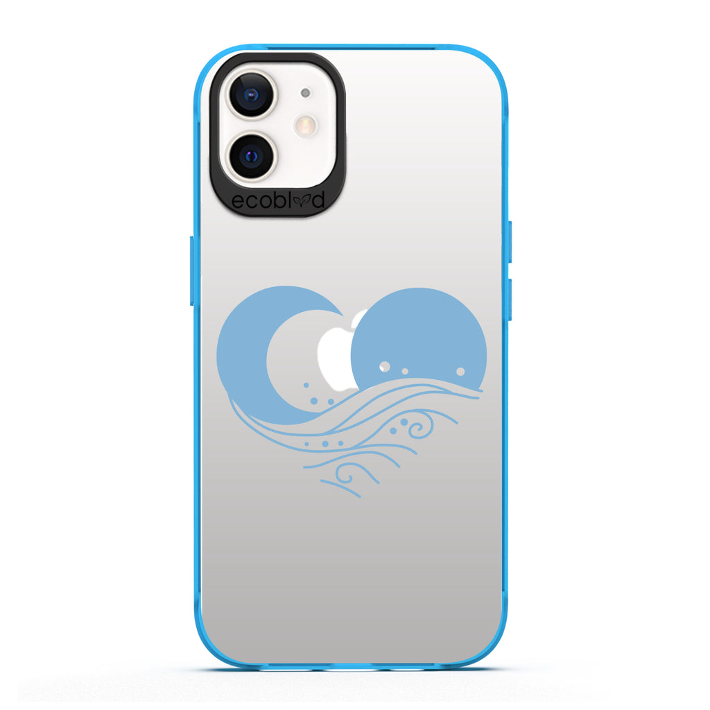 Laguna Collection - Blue Compostable iPhone 12 / 12 Pro Case With The Sun, Moon & A Wave Forming A Heart On A Clear Back 
