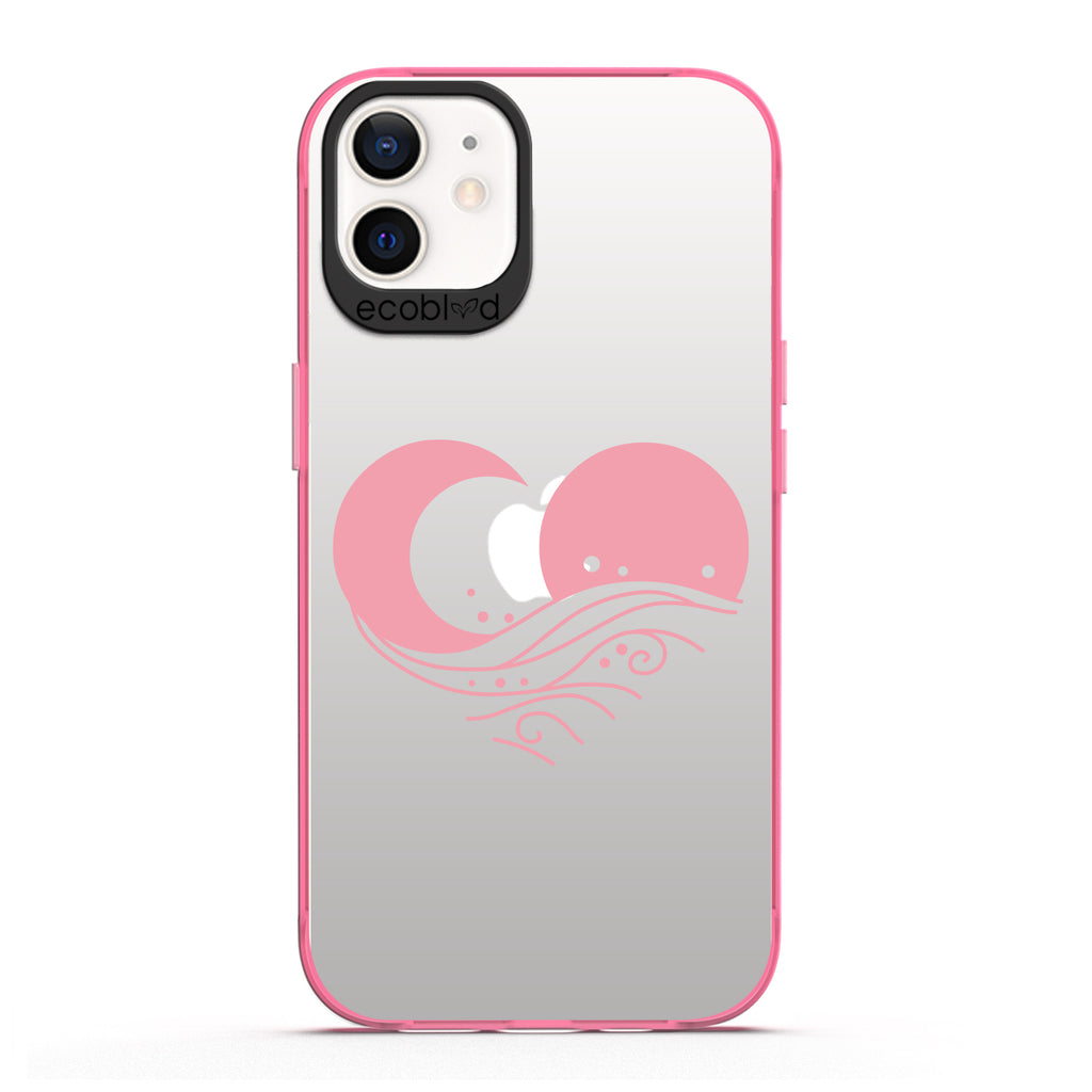 Laguna Collection - Pink Compostable iPhone 12 / 12 Pro Case With The Sun, Moon & A Wave Forming A Heart On A Clear Back