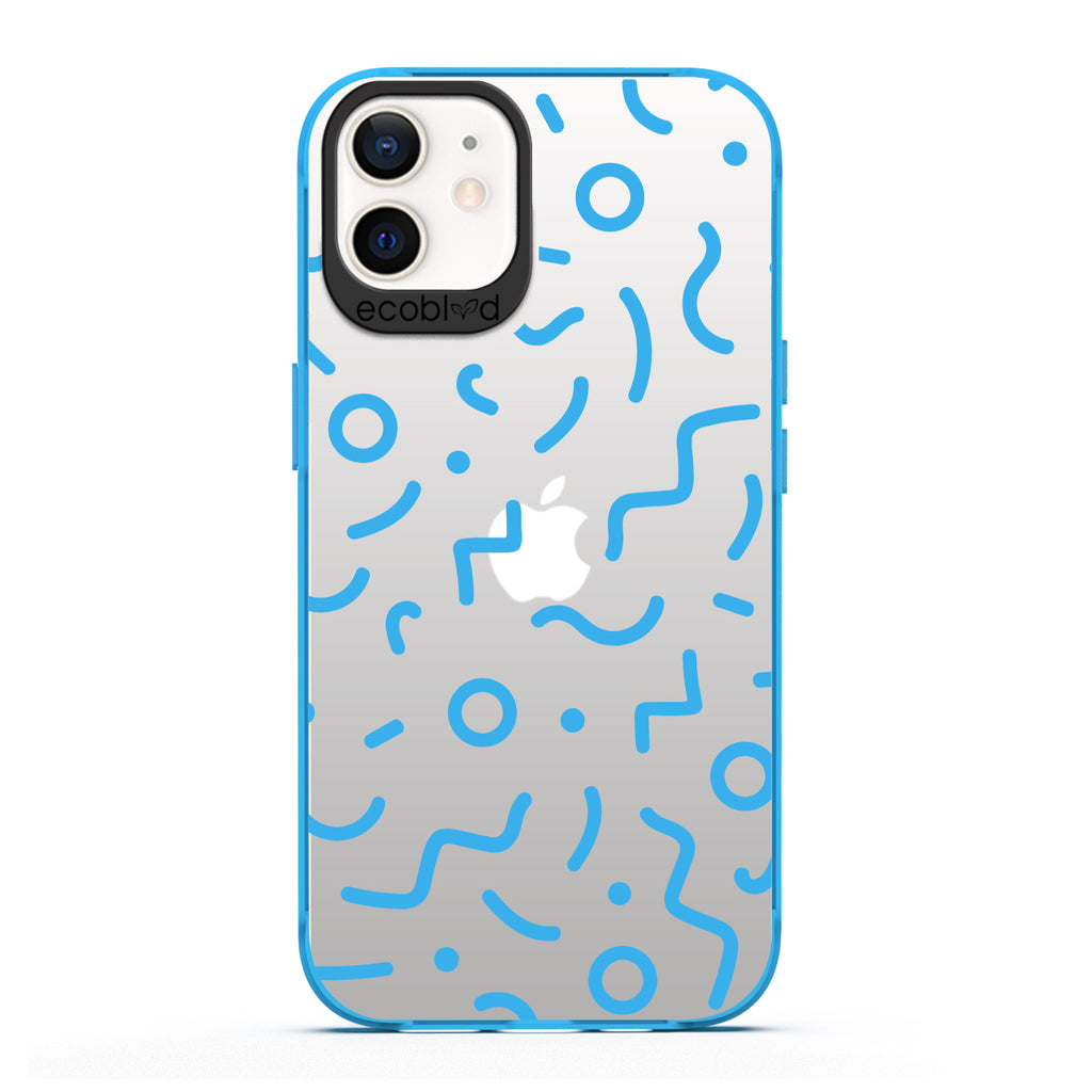  90's Kids - Blue Eco-Friendly iPhone 12/12 Pro Case with Retro 90's Lines & Squiggles On A Clear Back