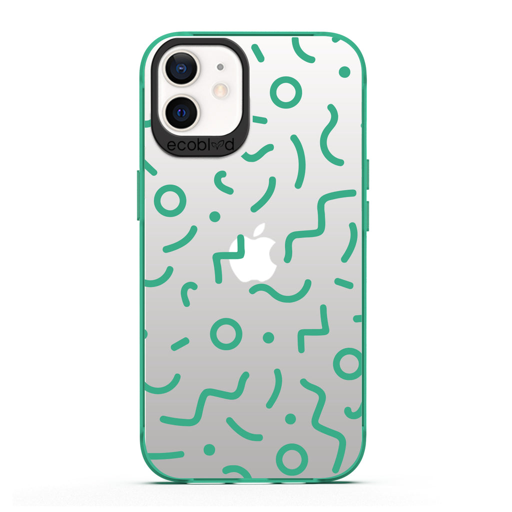 90's Kids - Green Eco-Friendly iPhone 12/12 Pro Case with Retro 90's Lines & Squiggles On A Clear Back