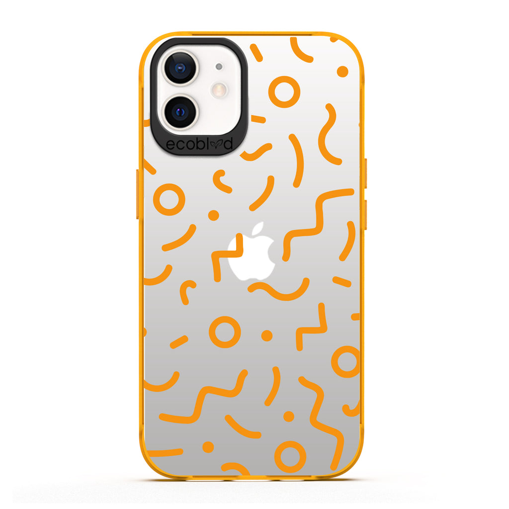 90's Kids - Yellow Eco-Friendly iPhone 12/12 Pro Case with Retro 90's Lines & Squiggles On A Clear Back