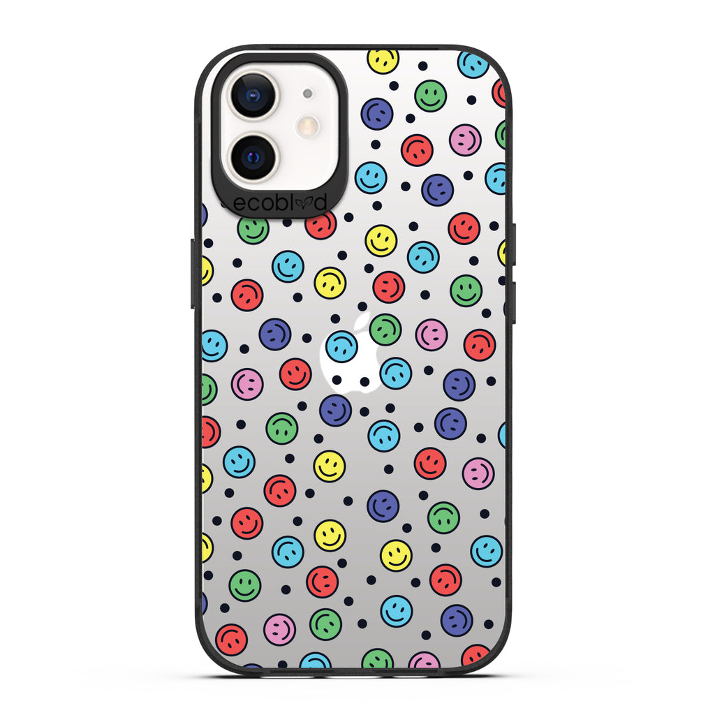 Laguna Collection - Black Eco-Friendly iPhone 12 / 12 Pro Case With Multicolored Smiley Faces & Black Dots On A Clear Back