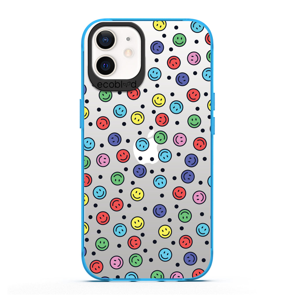 Laguna Collection - Blue Eco-Friendly iPhone 12 / 12 Pro Case With Multicolored Smiley Faces & Black Dots On A Clear Back
