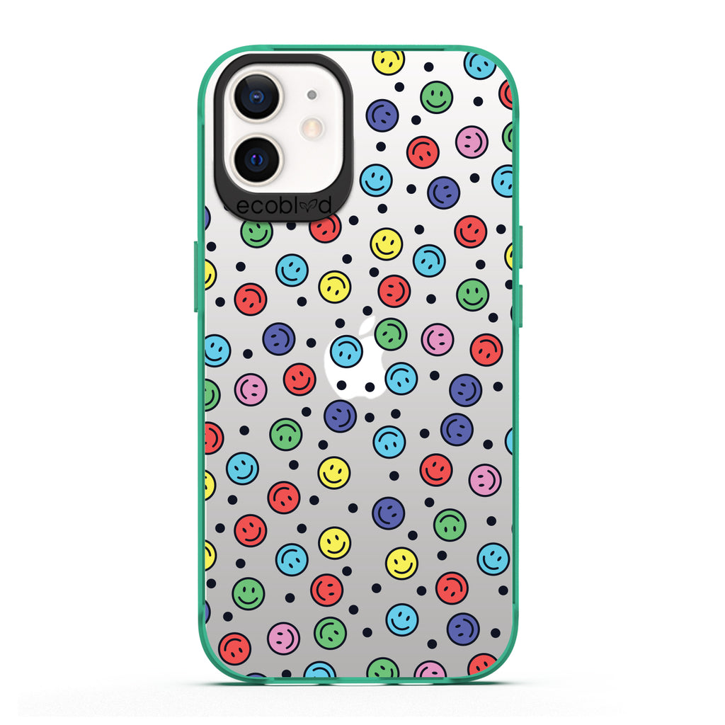 Laguna Collection - Green Eco-Friendly iPhone 12 / 12 Pro Case With Multicolored Smiley Faces & Black Dots On A Clear Back