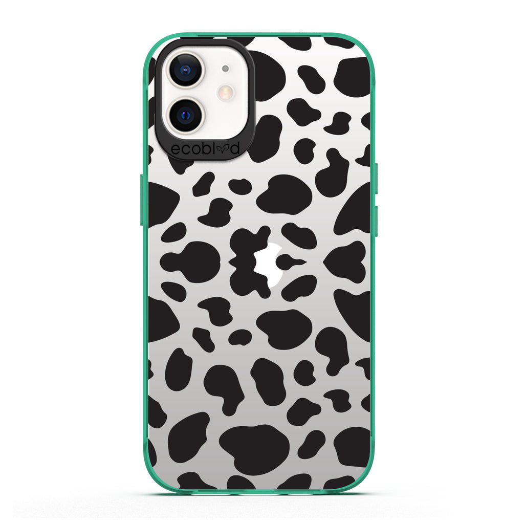 Laguna Collection - Green Eco-Friendly iPhone 12 / 12 Pro Case With A Black Spot Cow Print On A Clear Back - Compostable