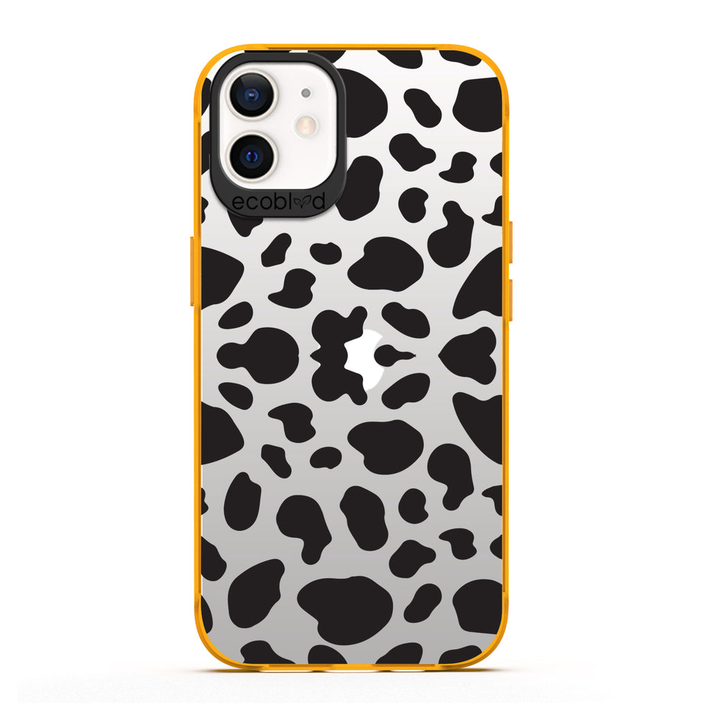 Laguna Collection - Yellow Eco-Friendly iPhone 12 / 12 Pro Case With A Black Spot Cow Print On A Clear Back - Compostable