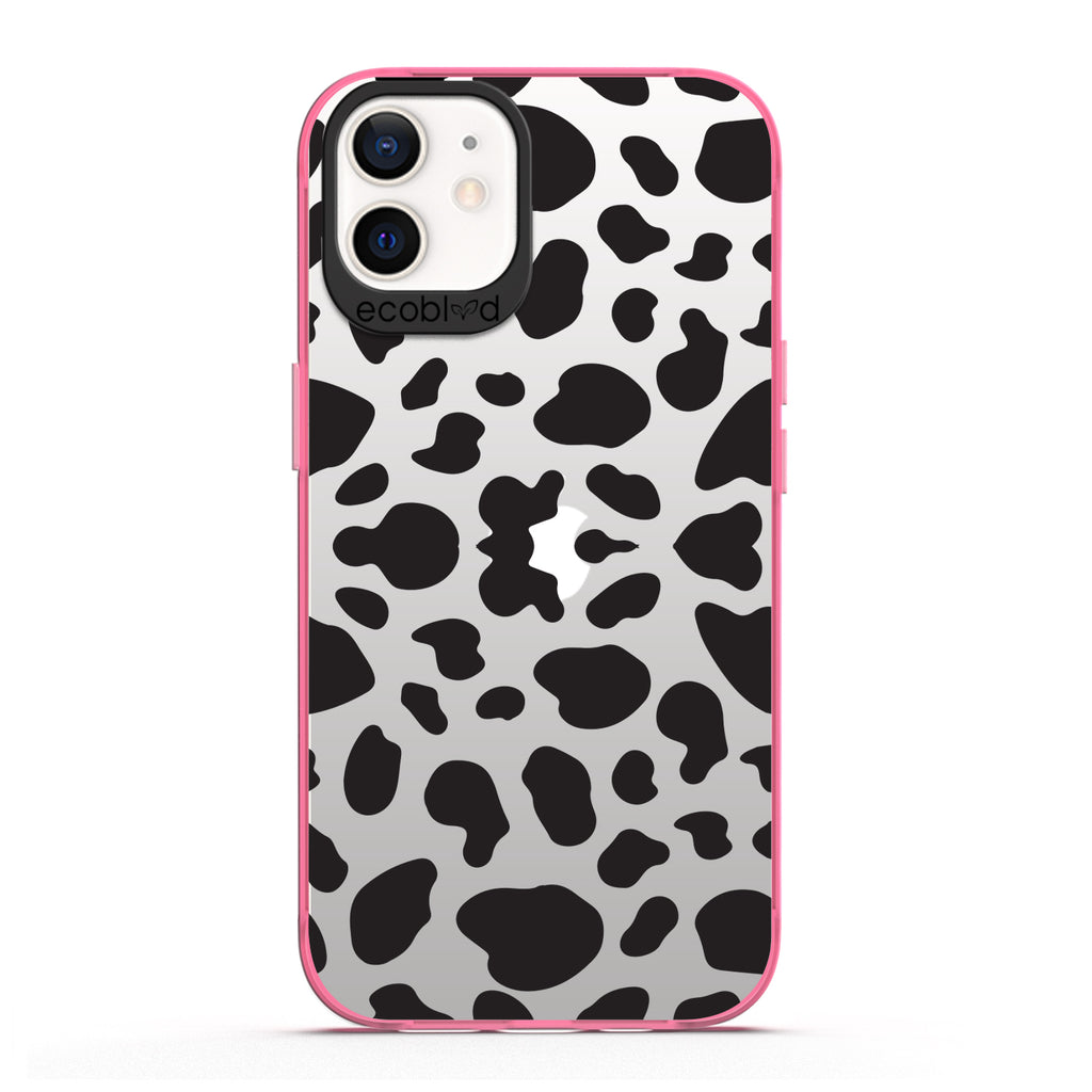 Laguna Collection - Pink Eco-Friendly iPhone 12 / 12 Pro Case With A Black Spot Cow Print On A Clear Back - Compostable