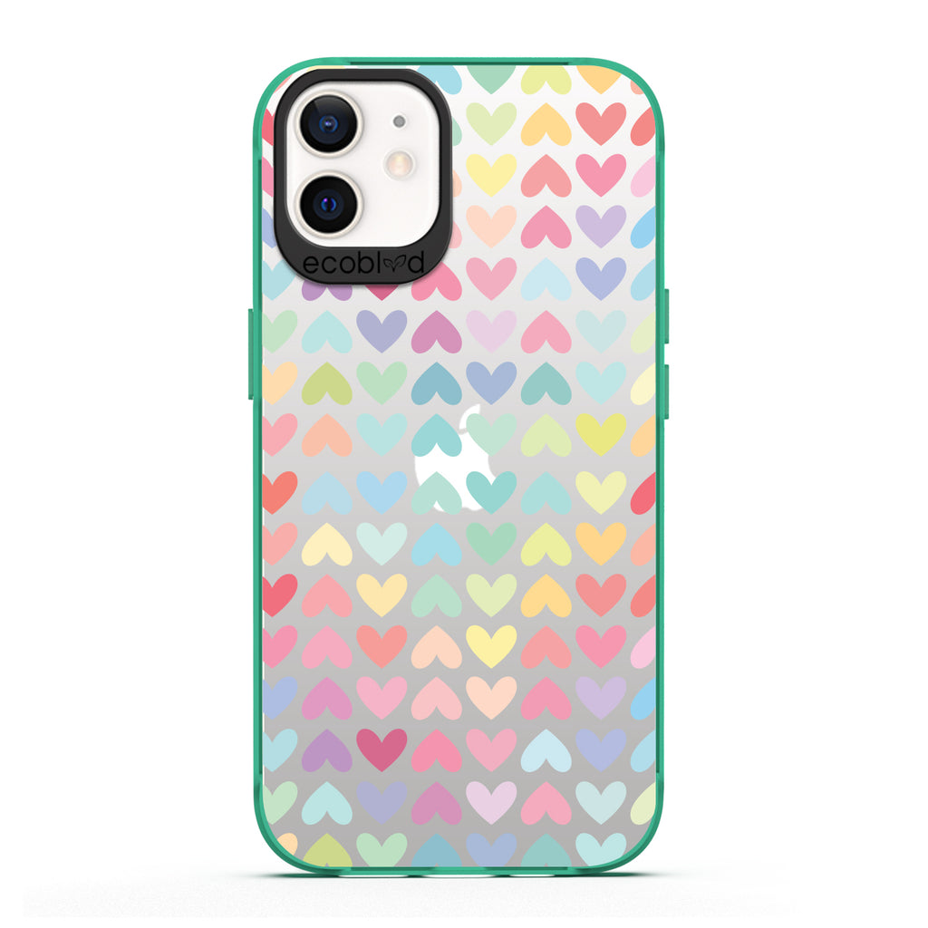 Laguna Collection - Green Eco-Friendly iPhone 12 / 12 Pro Case With A Pastel Rainbow Hearts Pattern On A Clear Back 