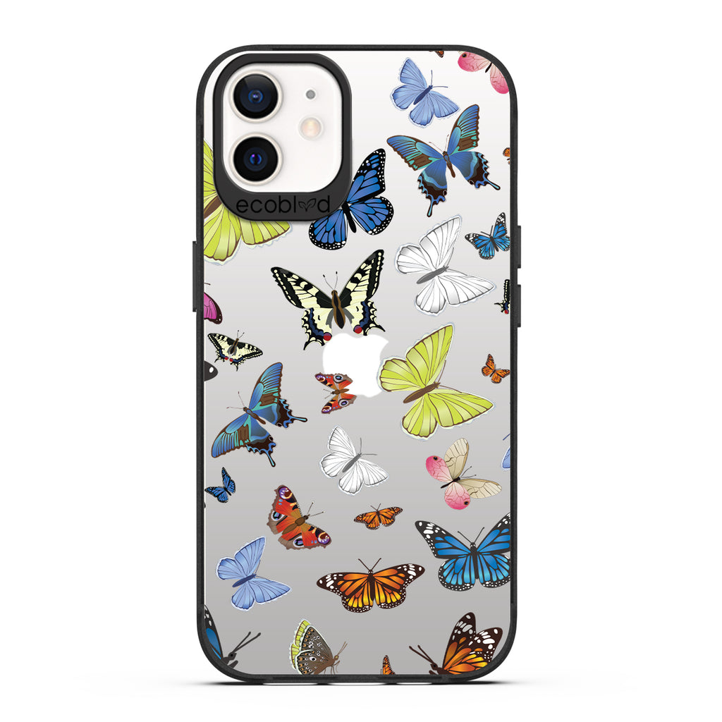 Laguna Collection - Black iPhone 12 / 12 Pro Case With Multicolored Butterflies On A Clear Back - 6FT Drop Protection