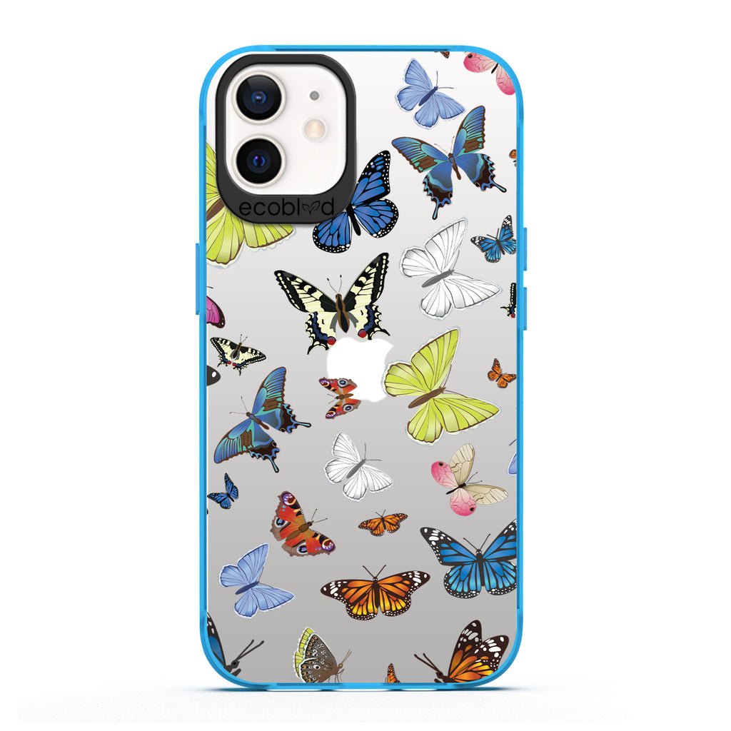Laguna Collection - Blue iPhone 12 / 12 Pro Case With Multicolored Butterflies On A Clear Back - 6FT Drop Protection