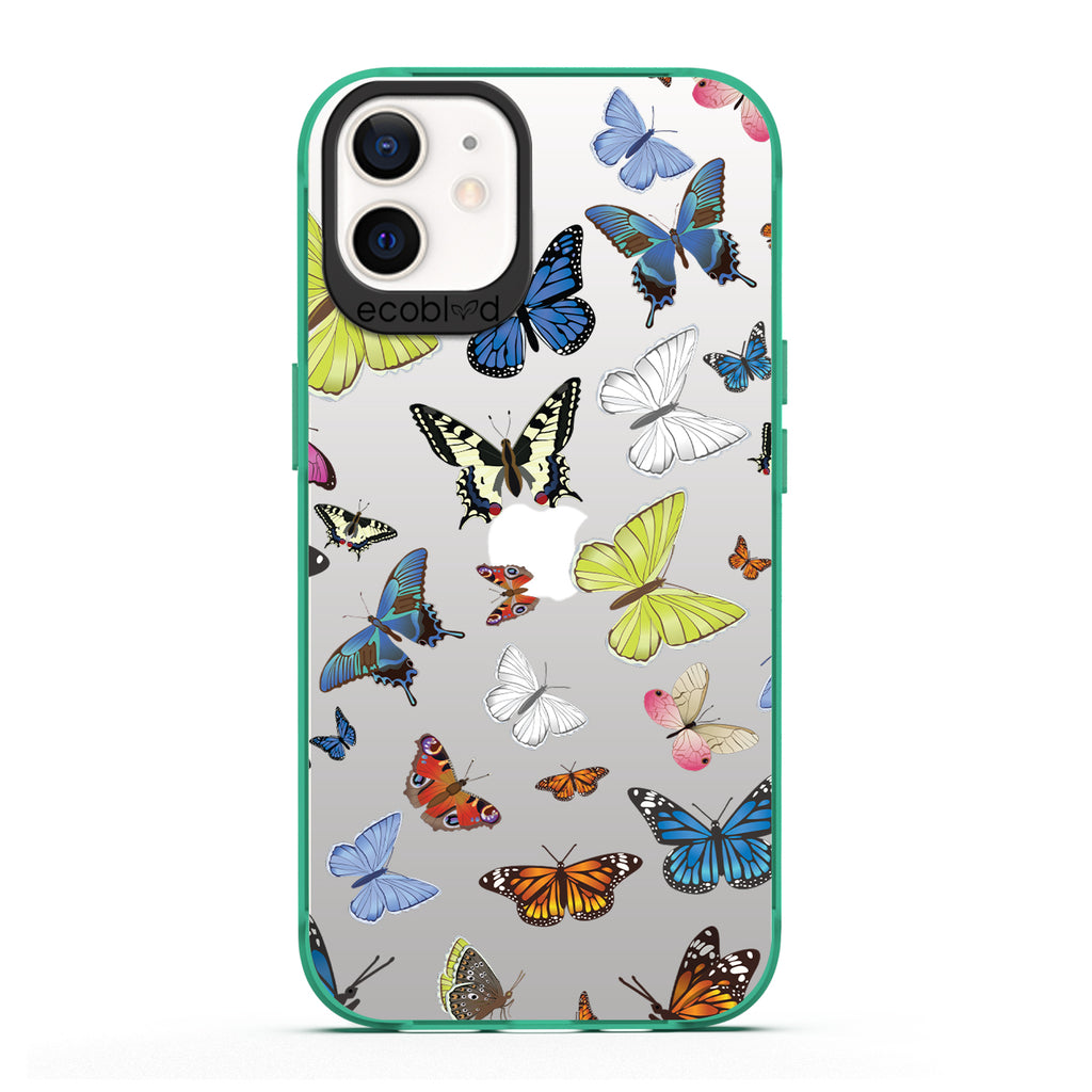 Laguna Collection - Green iPhone 12 / 12 Pro Case With Multicolored Butterflies On A Clear Back - 6FT Drop Protection