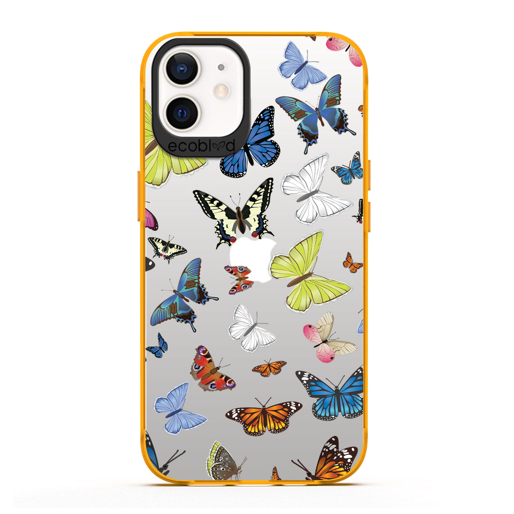 Laguna Collection - Yellow iPhone 12 / 12 Pro Case With Multicolored Butterflies On A Clear Back - 6FT Drop Protection