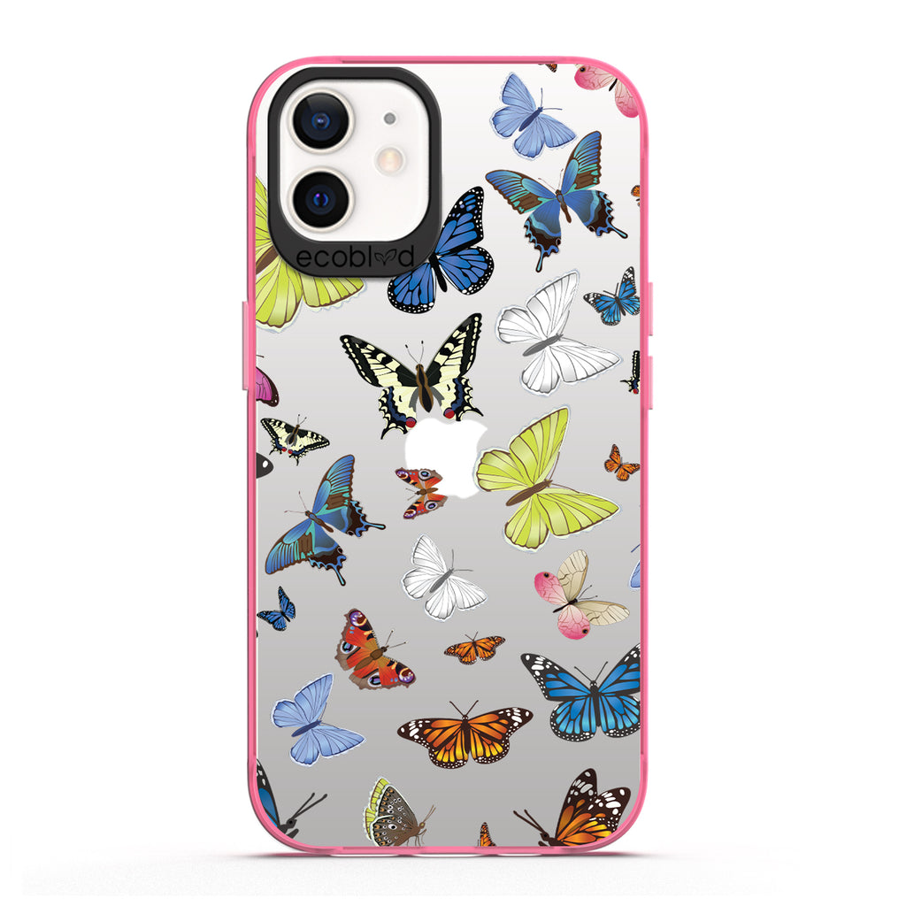 Laguna Collection - Pink iPhone 12 / 12 Pro Case With Multicolored Butterflies On A Clear Back - 6FT Drop Protection