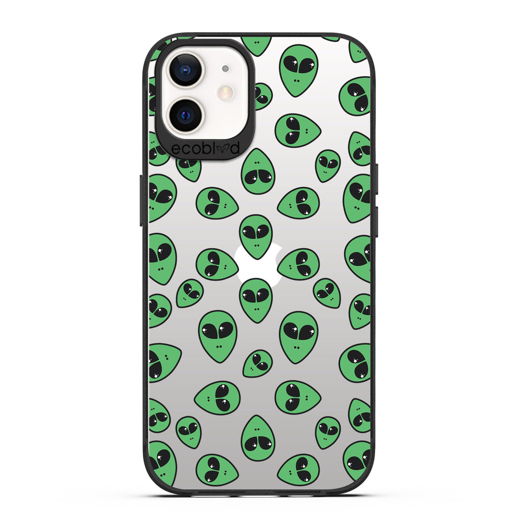  Laguna Collection - Black iPhone 12 / 12 Pro Case With Green Cartoon Alien Heads On A Clear Back - Compostable