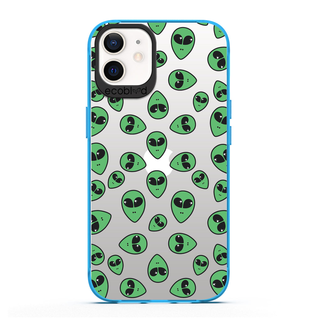  Laguna Collection - Blue iPhone 12 / 12 Pro Case With Green Cartoon Alien Heads On A Clear Back -  Compostable