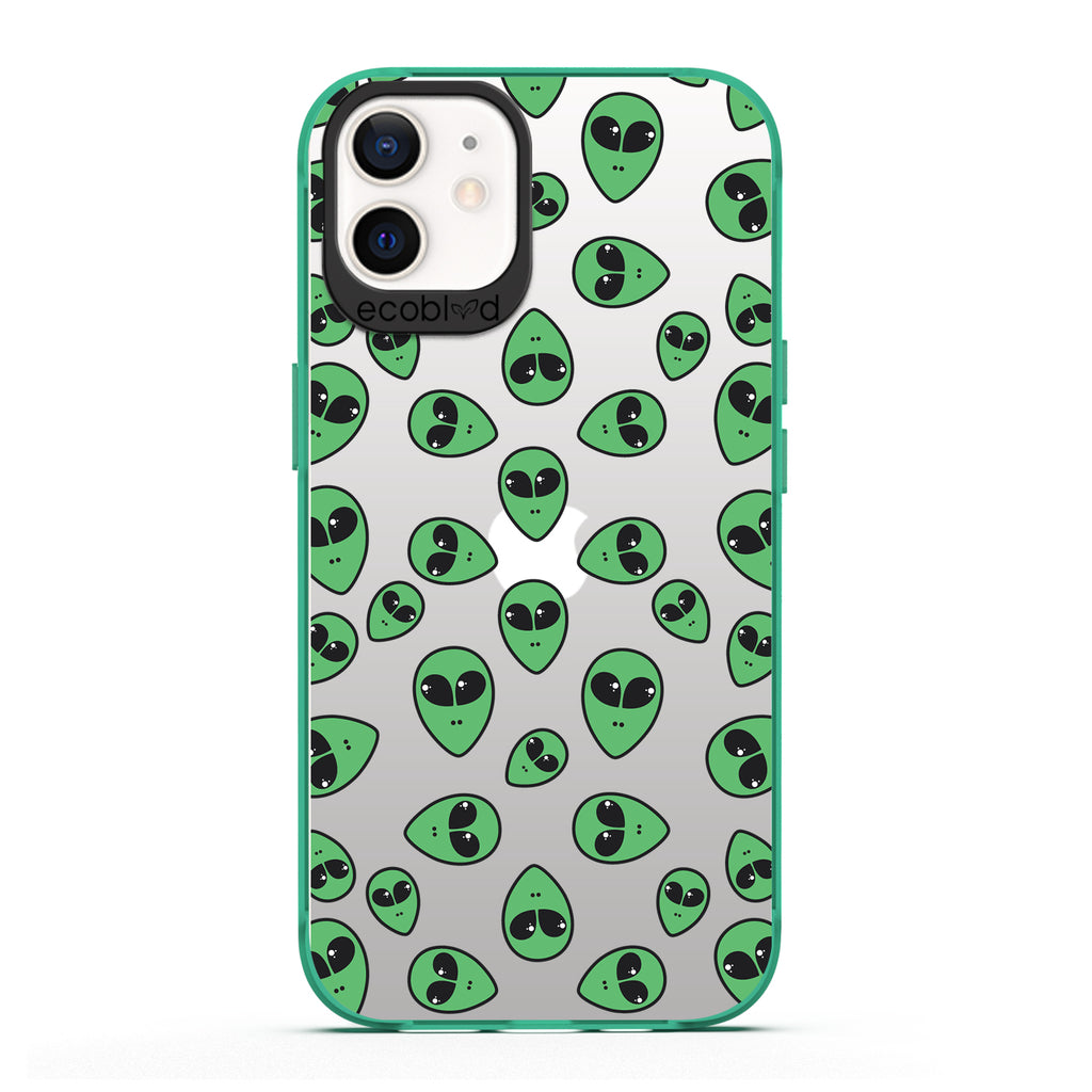  Laguna Collection - Green iPhone 12 / 12 Pro Case With Green Cartoon Alien Heads On A Clear Back -  Compostable