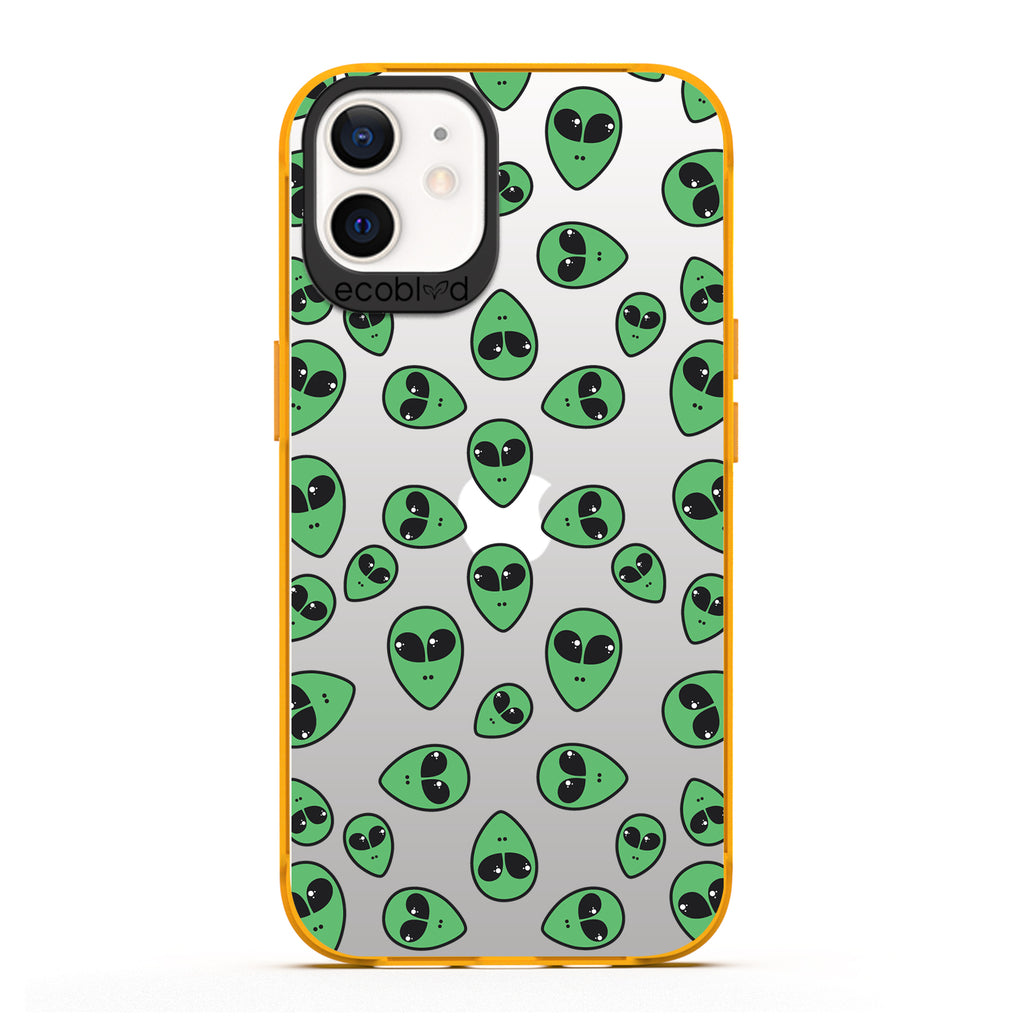  Laguna Collection - Yellow iPhone 12 / 12 Pro Case With Green Cartoon Alien Heads On A Clear Back -  Compostable