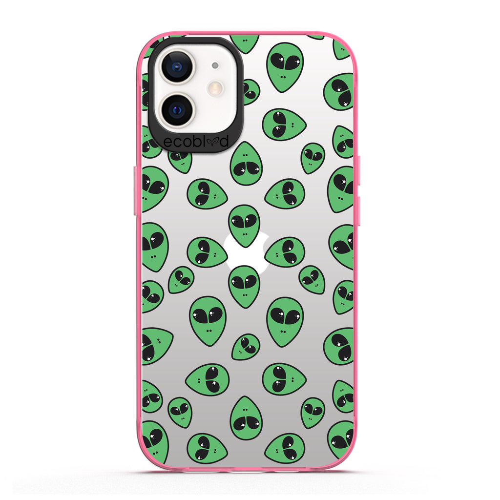  Laguna Collection - Pink iPhone 12 / 12 Pro Case With Green Cartoon Alien Heads On A Clear Back -  Compostable