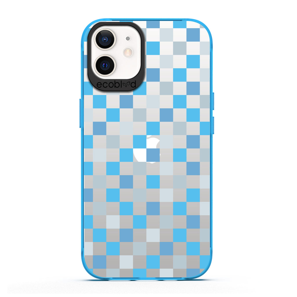 Laguna Collection - Blue Eco-Friendly iPhone 12 / 12 Pro Case With A Checkered Print Pattern On A Clear Back - Compostable