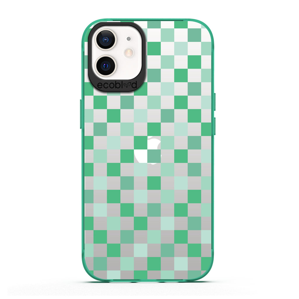 Laguna Collection - Green Eco-Friendly iPhone 12 / 12 Pro Case With A Checkered Print Pattern On A Clear Back - Compostable