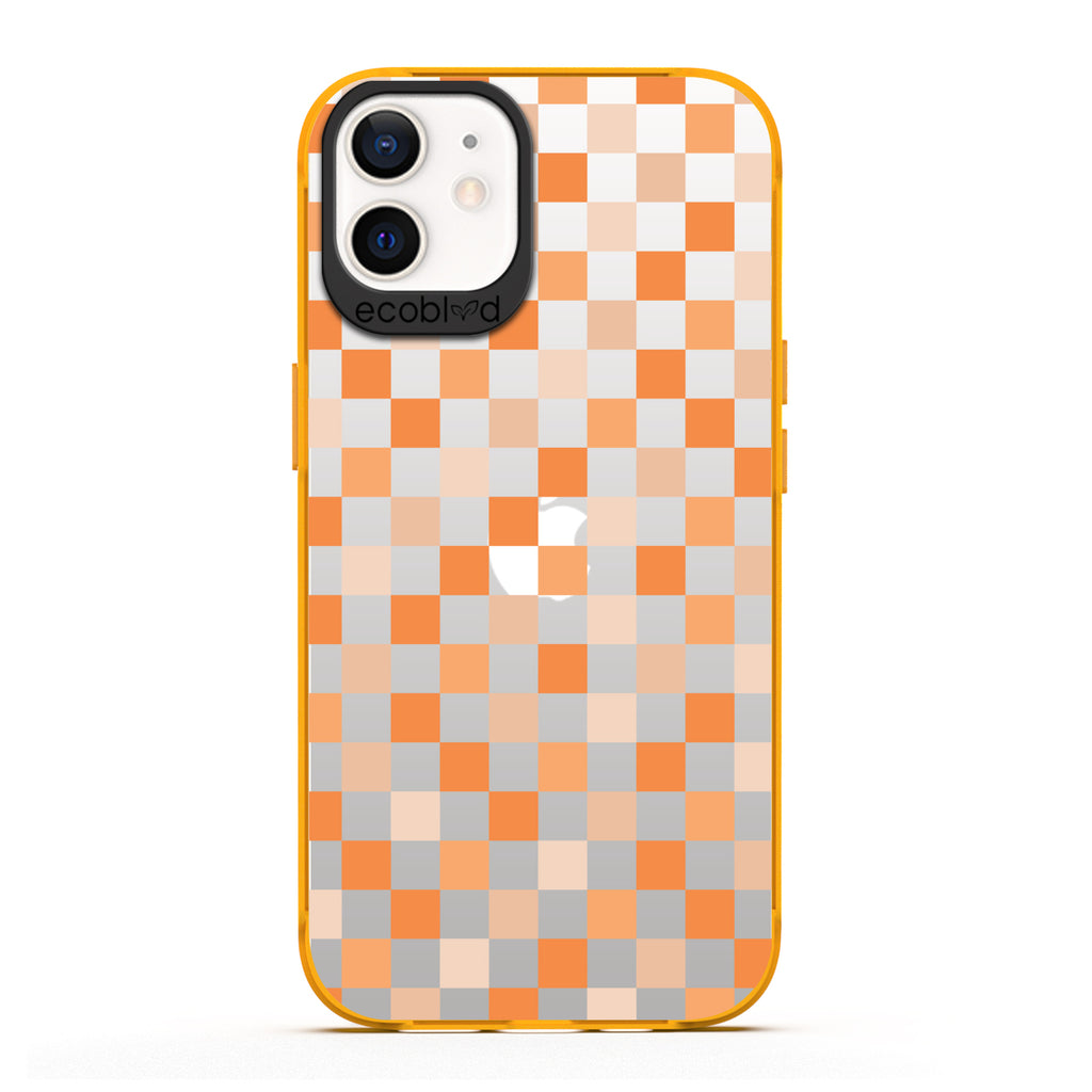 Laguna Collection - Yellow Eco-Friendly iPhone 12 / 12 Pro Case With A Checkered Print Pattern On A Clear Back - Compostable