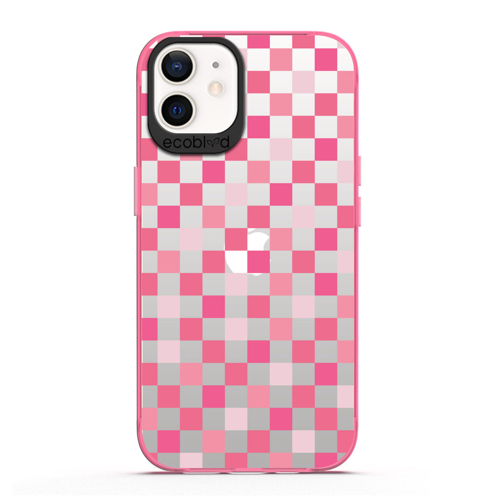 Laguna Collection - Pink Eco-Friendly iPhone 12 / 12 Pro Case With A Checkered Print Pattern On A Clear Back - Compostable