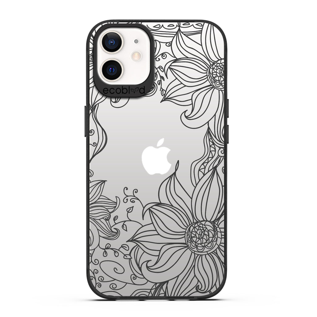 Laguna Collection - Black Eco-Friendly iPhone 12 / 12 Pro Case With A Sunflower Stencil Line Art Design On A Clear Back