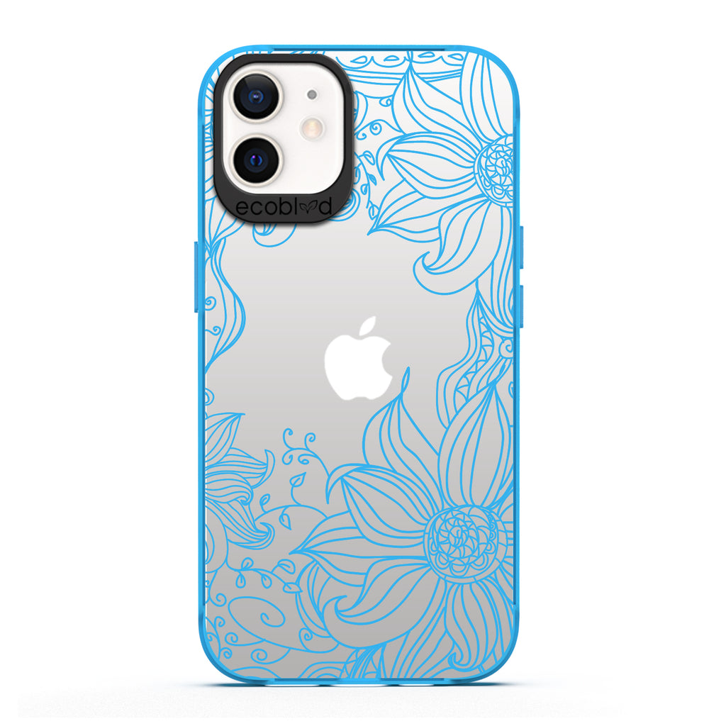 Laguna Collection - Blue Eco-Friendly iPhone 12 / 12 Pro Case With A Sunflower Stencil Line Art Design On A Clear Back