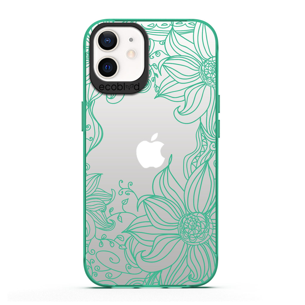 Laguna Collection - Green Eco-Friendly iPhone 12 / 12 Pro Case With A Sunflower Stencil Line Art Design On A Clear Back