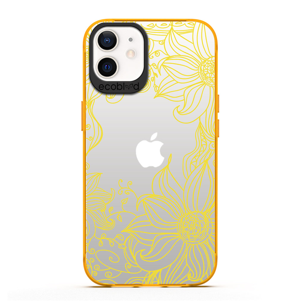 Laguna Collection - Yellow Eco-Friendly iPhone 12 / 12 Pro Case With A Sunflower Stencil Line Art Design On A Clear Back