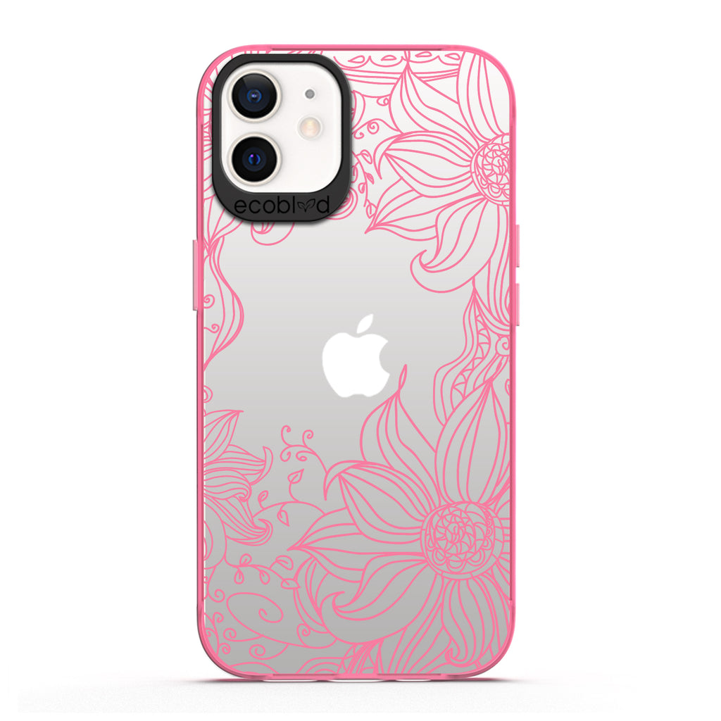 Laguna Collection - Pink Eco-Friendly iPhone 12 / 12 Pro Case With A Sunflower Stencil Line Art Design On A Clear Back