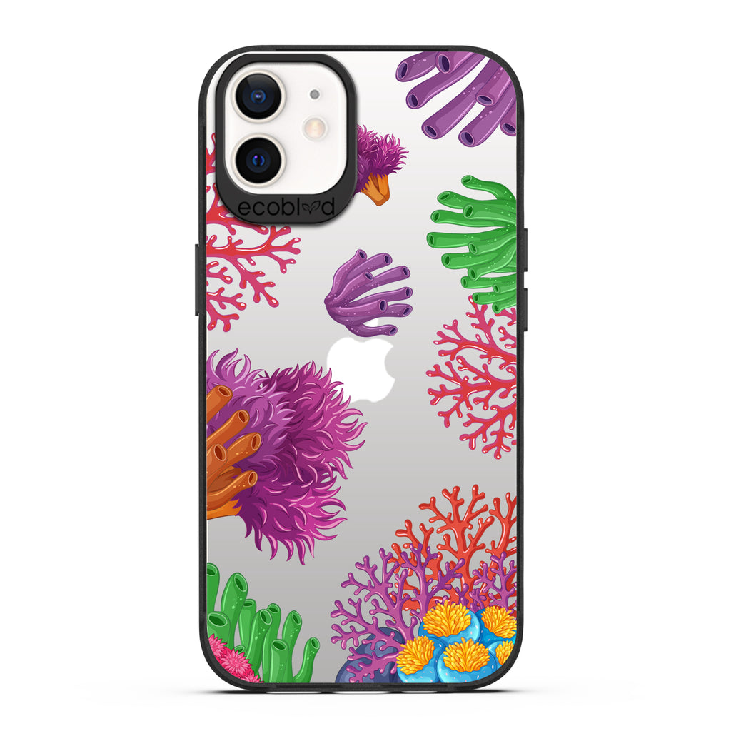 Laguna Collection - Black Compostable iPhone 12 / 12 Pro Case With A Colorful Underwater Coral Reef Pattern On A Clear Back 
