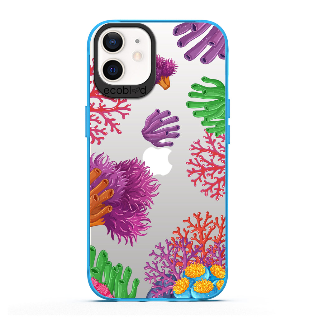 Laguna Collection - Blue Compostable iPhone 12 / 12 Pro Case With A Colorful Underwater Coral Reef Pattern On A Clear Back