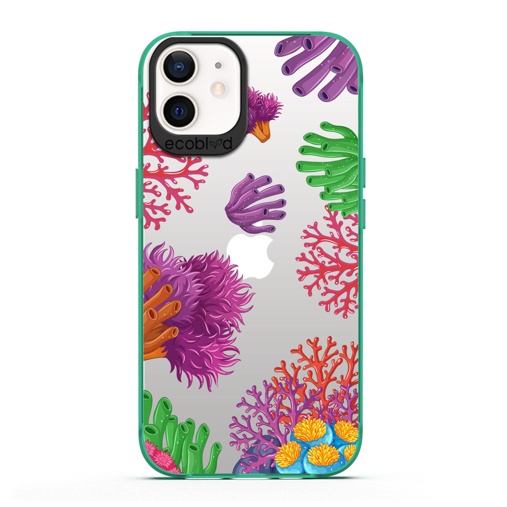 Laguna Collection - Green Compostable iPhone 12 / 12 Pro Case With A Colorful Underwater Coral Reef Pattern On A Clear Back