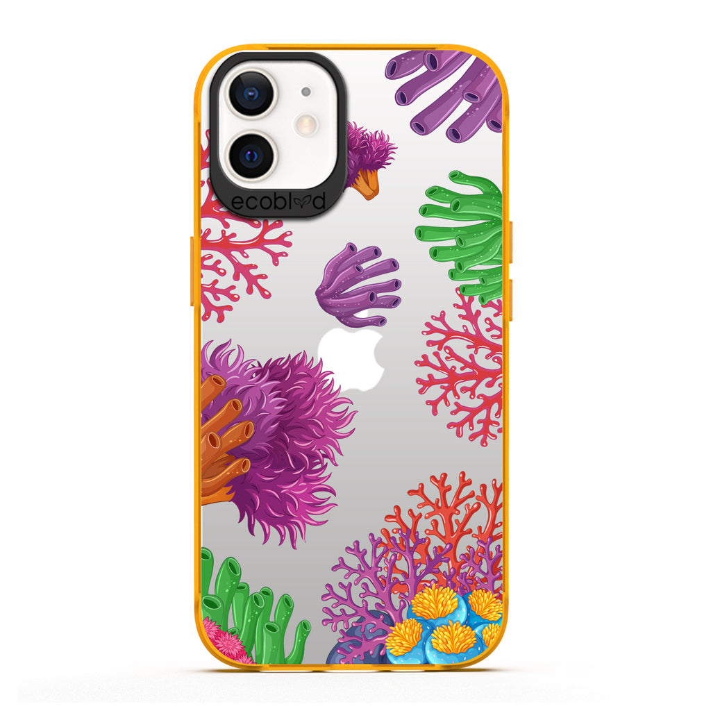 Laguna Collection - Yellow Compostable iPhone 12 / 12 Pro Case With A Colorful Underwater Coral Reef Pattern On A Clear Back