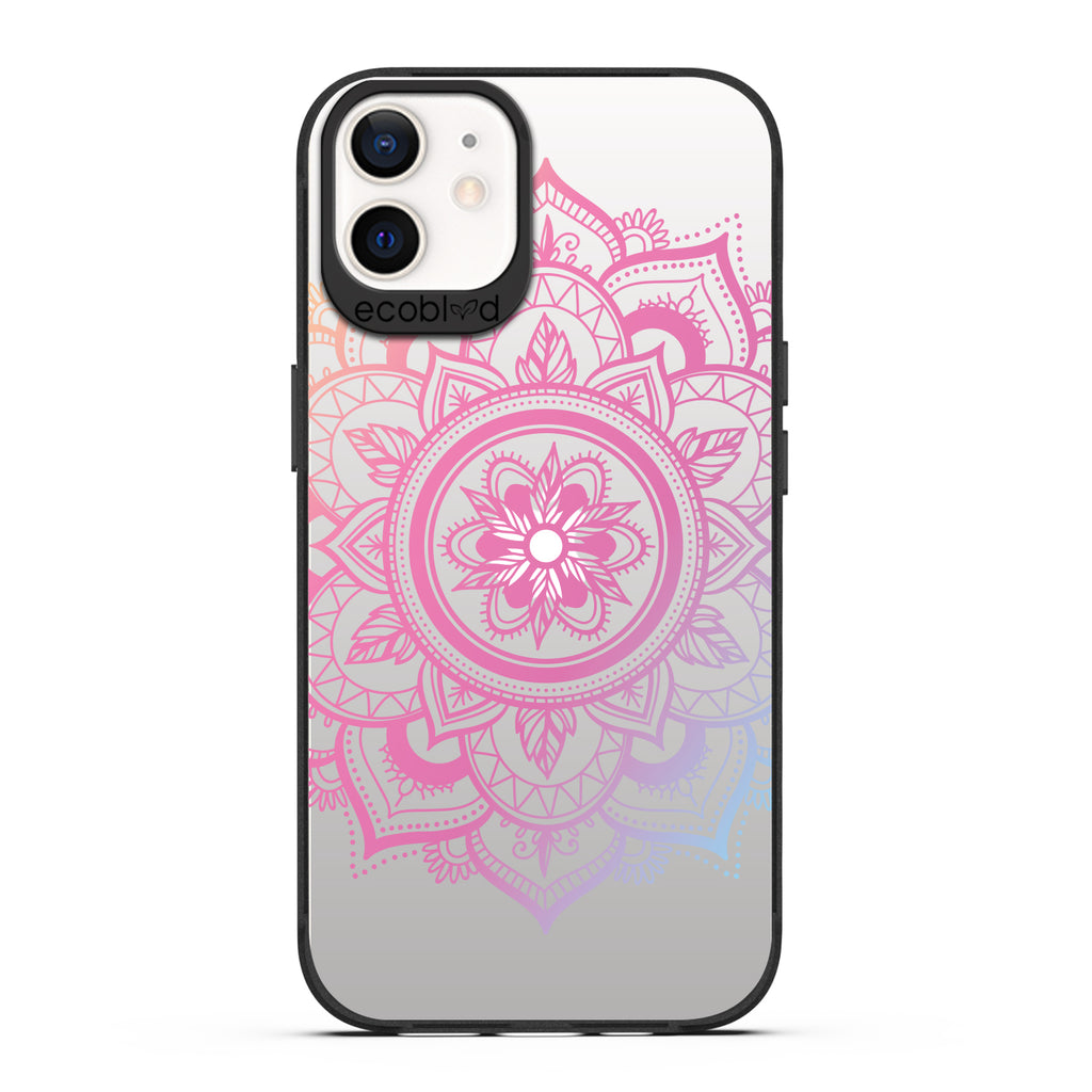 Laguna Collection - Black Compostable iPhone 12 / 12 Pro Case With A Pink Lotus Flower Mandala Design On A Clear Back