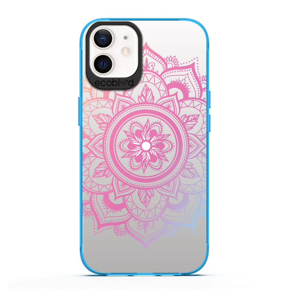 Laguna Collection - Blue Compostable iPhone 12 / 12 Pro Case With A Pink Lotus Flower Mandala Design On A Clear Back