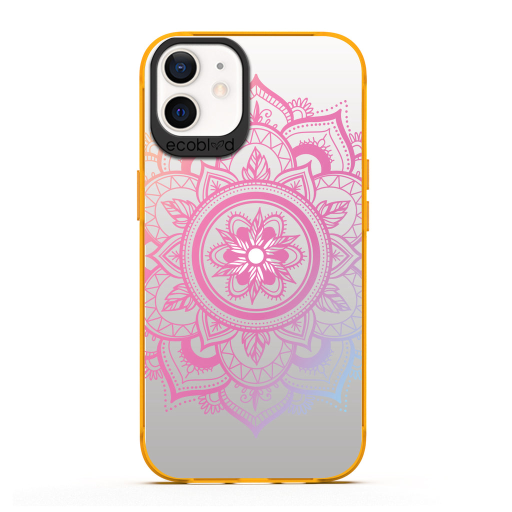 Laguna Collection - Yellow Compostable iPhone 12 / 12 Pro Case With A Pink Lotus Flower Mandala Design On A Clear Back