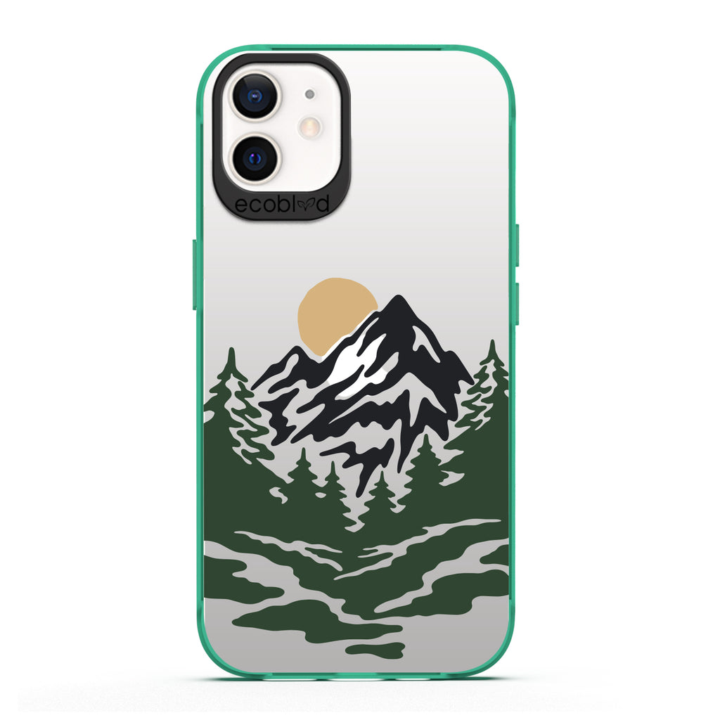 Laguna Collection - Green Compostable iPhone 12 / 12 Pro Case With A Minimalist Moonlit Mountain Landscape On A Clear Back 