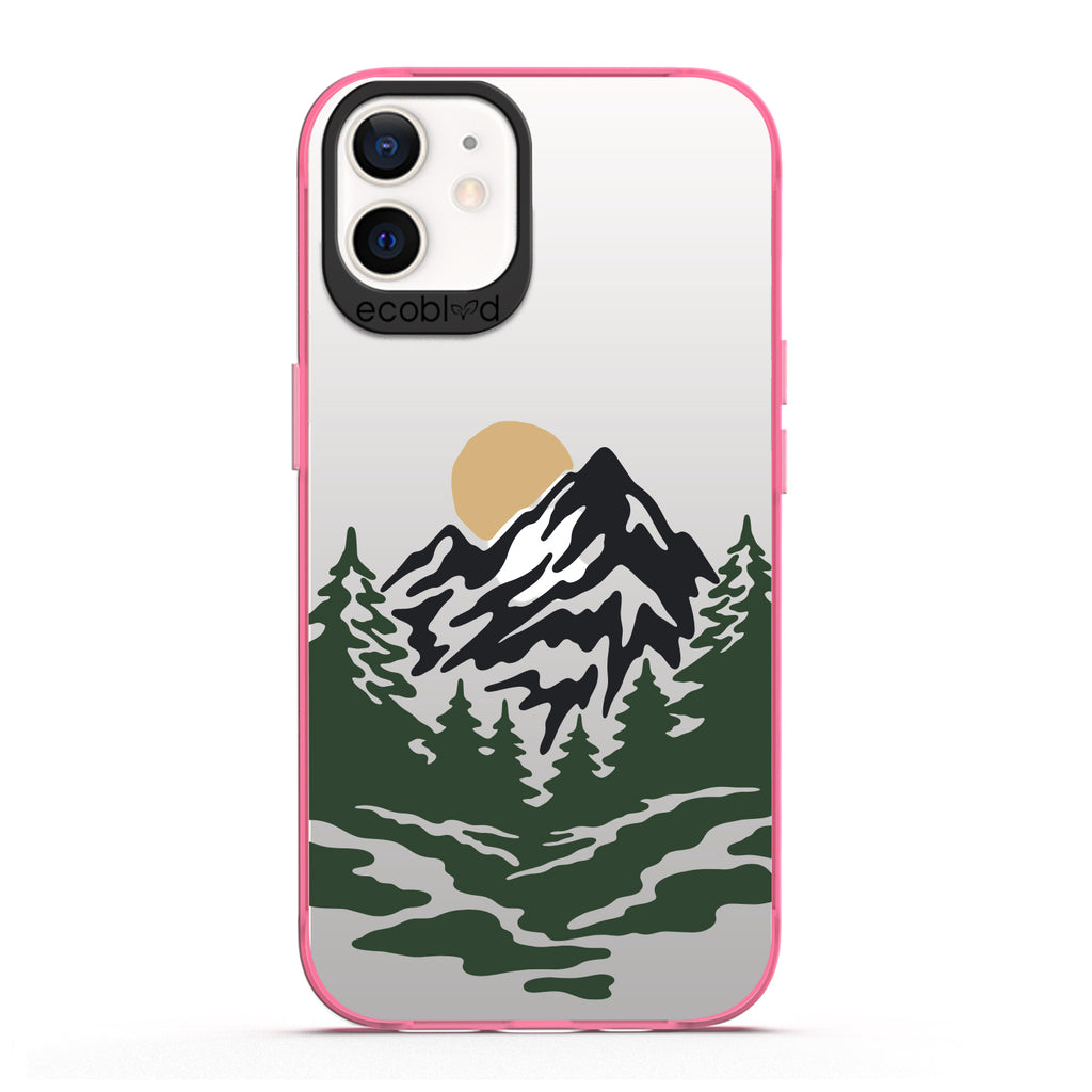 Laguna Collection - Pink Compostable iPhone 12 / 12 Pro Case With A Minimalist Moonlit Mountain Landscape On A Clear Back 