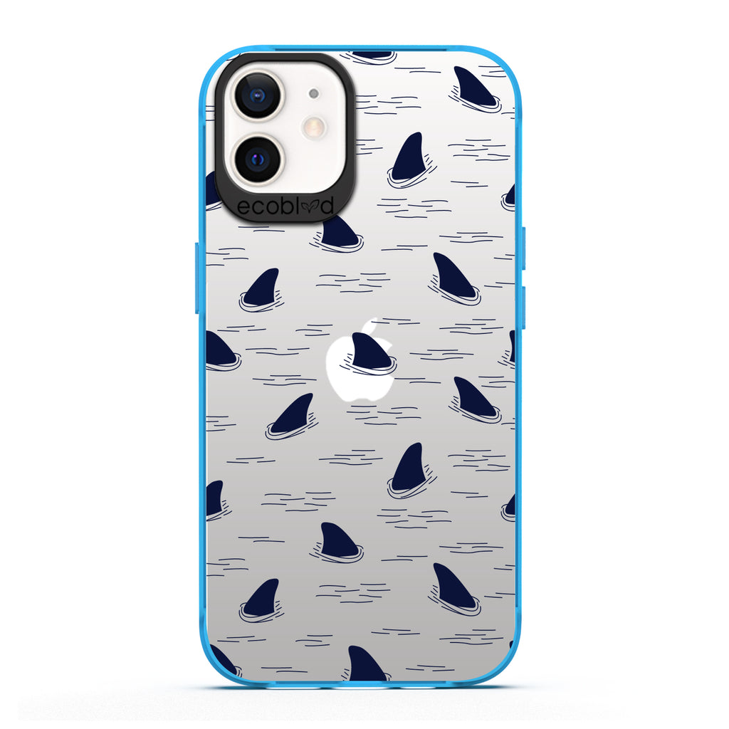 Laguna Collection - Blue iPhone 12 / 12 Pro Case With Shark Fins Peeking From Water On A Clear Back - 6FT Drop Protection
