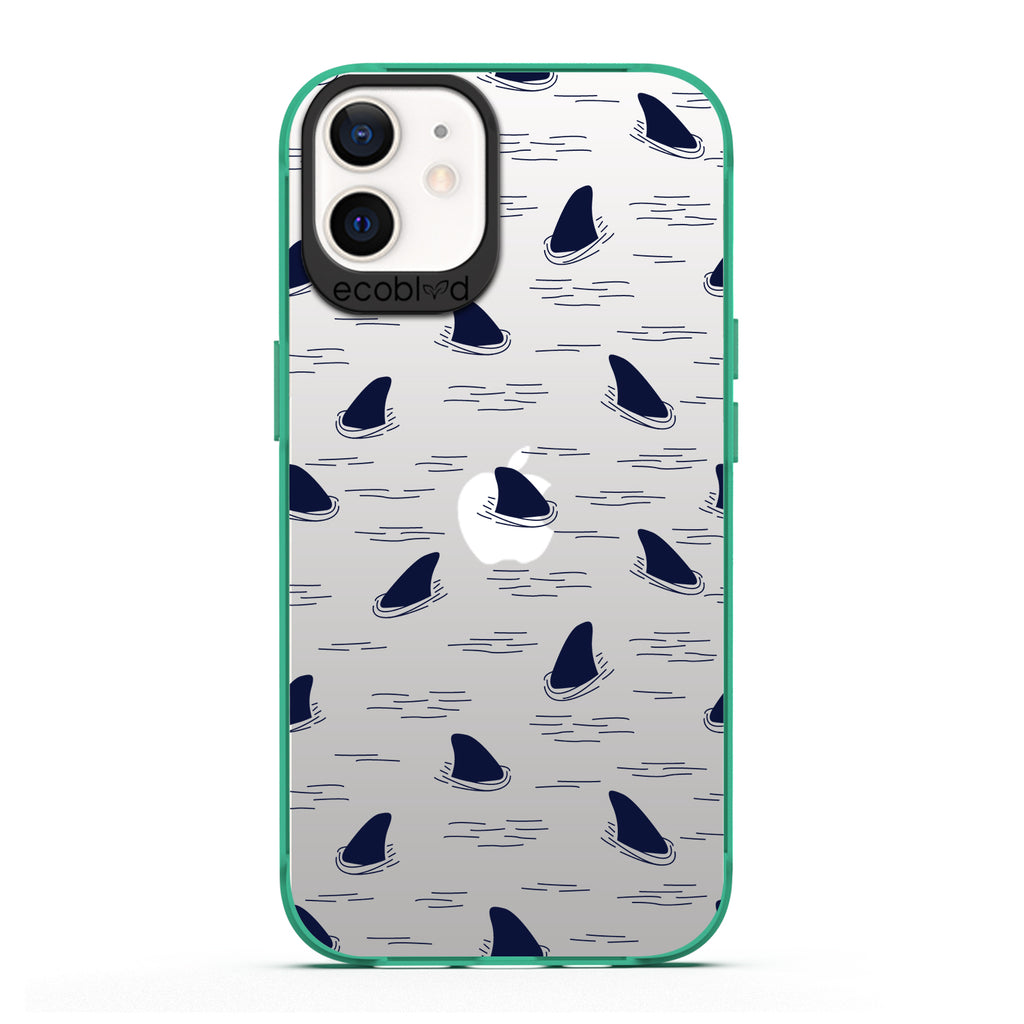 Laguna Collection - Green iPhone 12 / 12 Pro Case With Shark Fins Peeking From Water On A Clear Back - 6FT Drop Protection