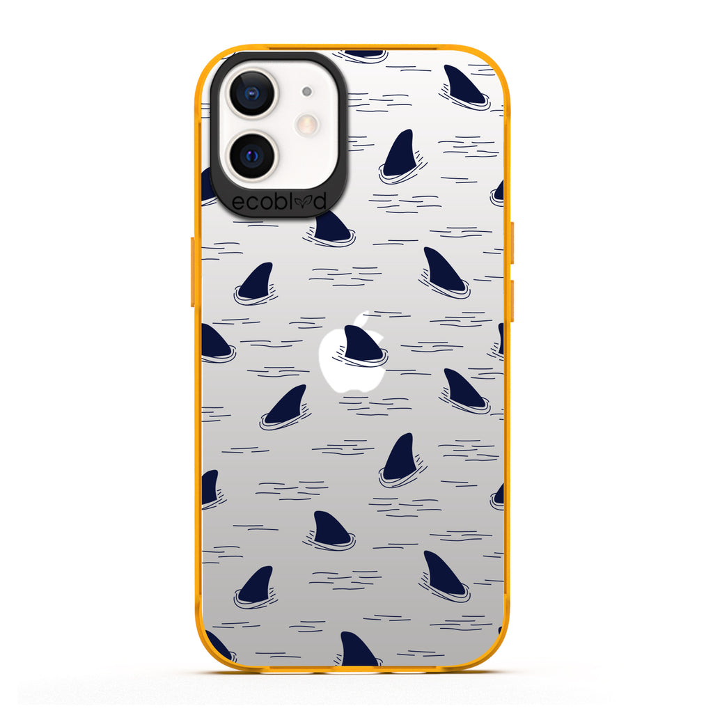 Laguna Collection - Yellow iPhone 12 / 12 Pro Case With Shark Fins Peeking From Water On A Clear Back - 6FT Drop Protection