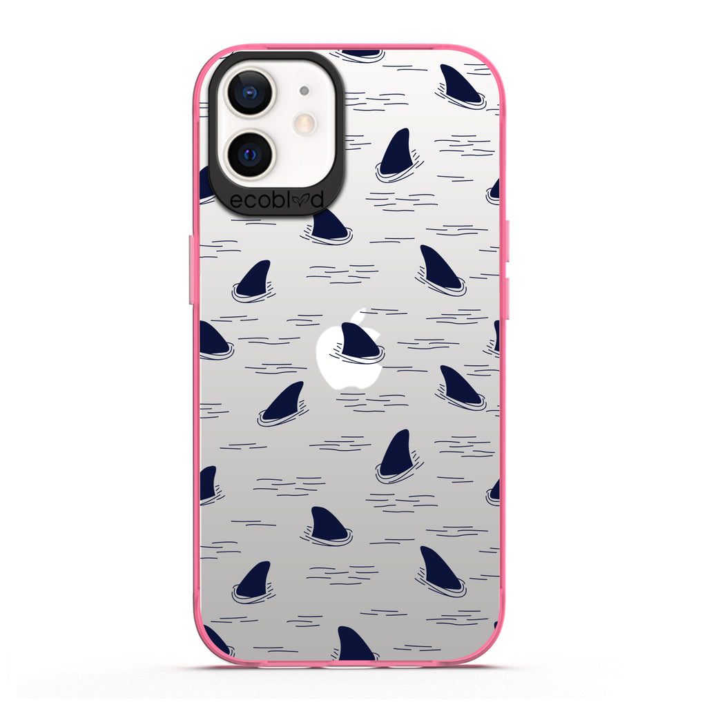 Laguna Collection - Pink iPhone 12 / 12 Pro Case With Shark Fins Peeking From Water On A Clear Back - 6FT Drop Protection