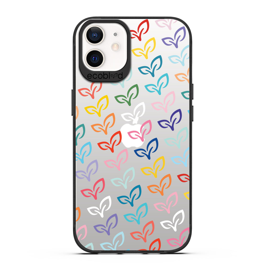 Laguna Collection - Black iPhone 12 / 12 Pro Case With Colorful V-Leaf Monogram Print  On A Clear Back - 6FT Drop Protection