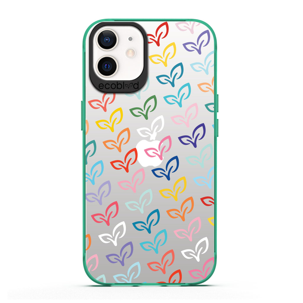 Laguna Collection - Green iPhone 12 / 12 Pro Case With Colorful V-Leaf Monogram Print On A Clear Back - 6FT Drop Protection