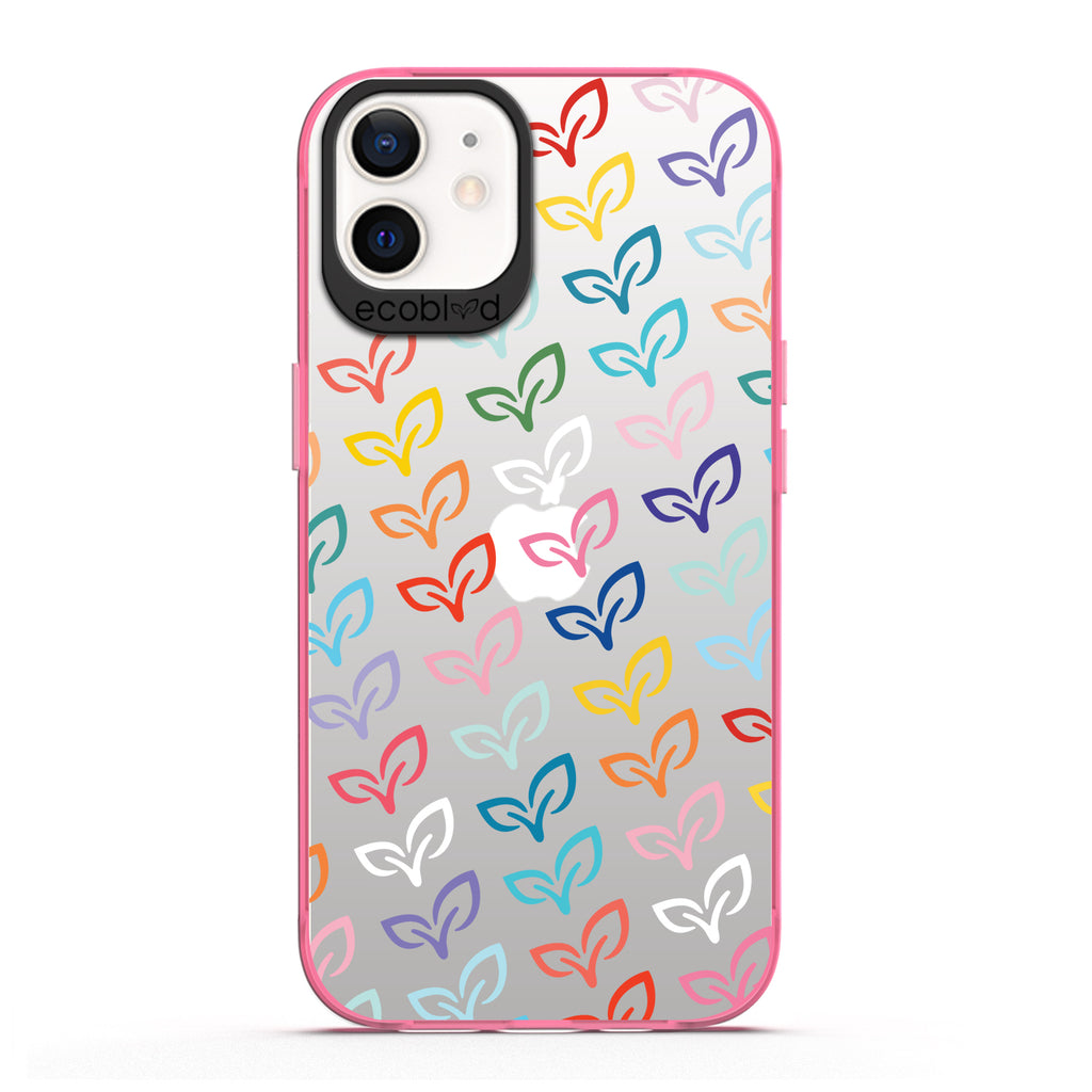 Laguna Collection - Pink iPhone 12 / 12 Pro Case With Colorful V-Leaf Monogram Print On A Clear Back - 6FT Drop Protection